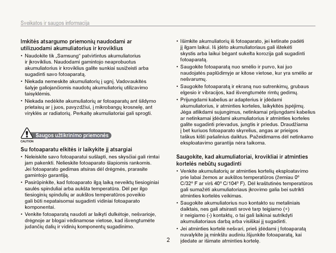 Samsung EC-NV100RBA/RU manual Sveikatos ir saugos informacija, Su fotoaparatu elkitės ir laikykite jį atsargiai 