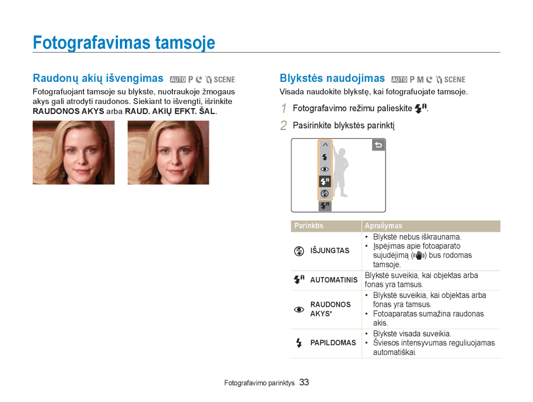 Samsung EC-NV100RBA/RU manual Fotografavimas tamsoje, Raudonų akių išvengimas 2 1 6 5, Blykstės naudojimas 2 1 8 6 5 