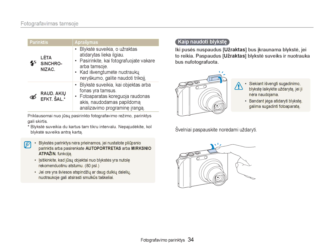 Samsung EC-NV100RBA/RU manual Fotografavimas tamsoje, Kaip naudoti blykstę 