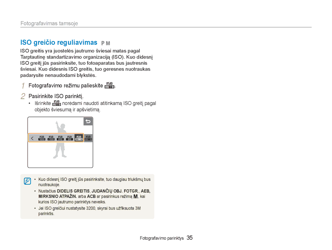 Samsung EC-NV100RBA/RU manual ISO greičio reguliavimas 1, Fotografavimo režimu palieskite Pasirinkite ISO parinktį 