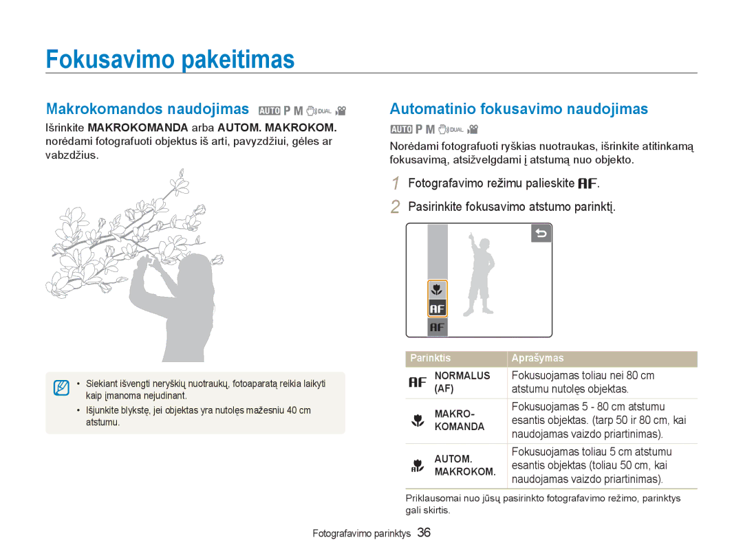 Samsung EC-NV100RBA/RU manual Fokusavimo pakeitimas, Makrokomandos naudojimas 2 1 8 7, Automatinio fokusavimo naudojimas 