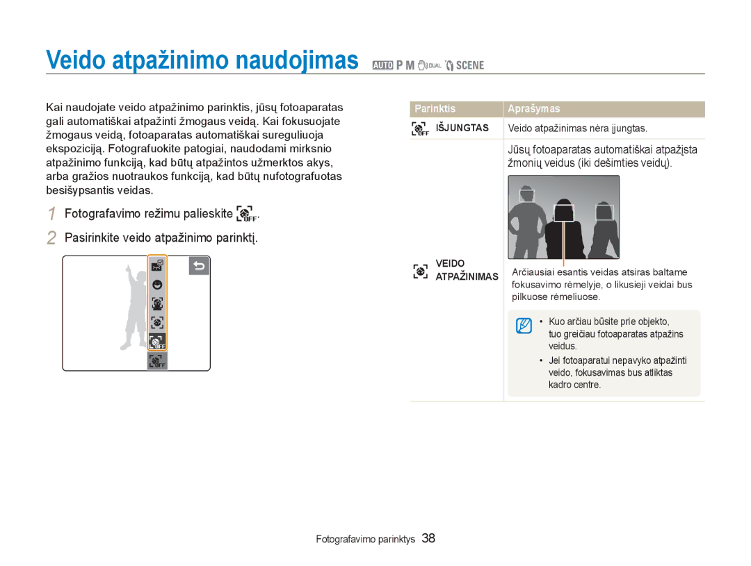 Samsung EC-NV100RBA/RU manual Veido atpažinimo naudojimas 2 1 8 7 5, Išjungtas 