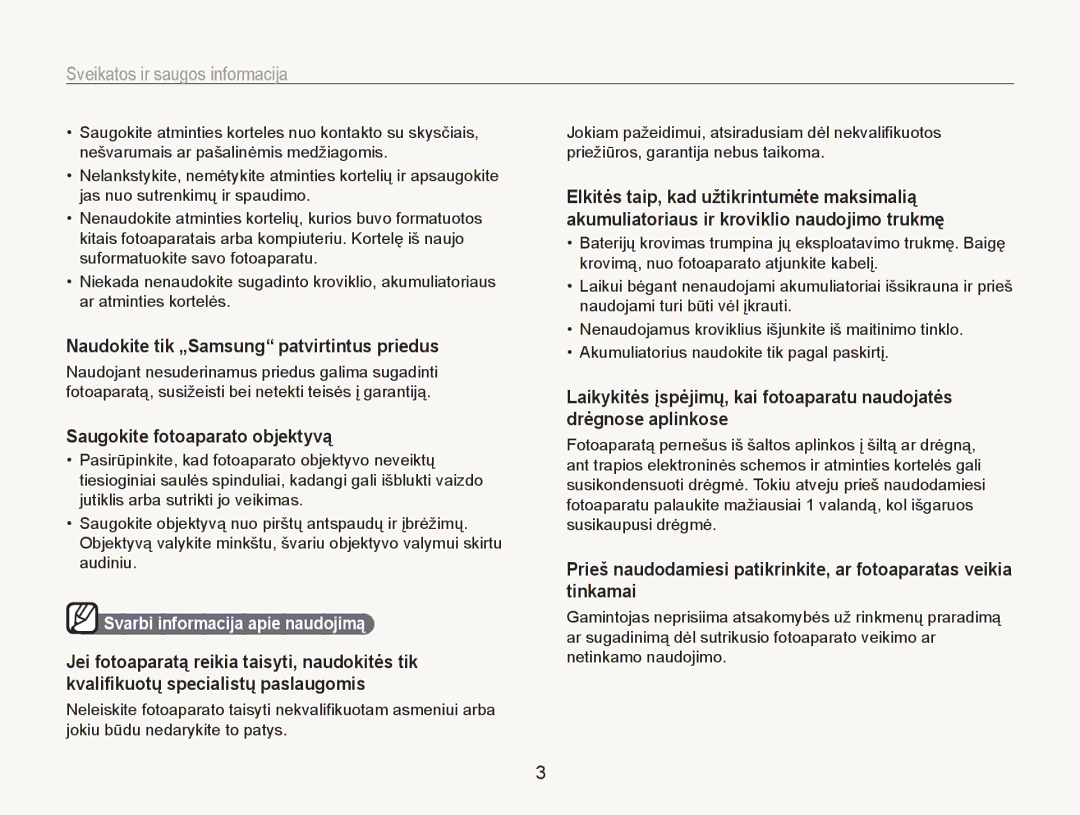 Samsung EC-NV100RBA/RU manual Naudokite tik „Samsung patvirtintus priedus, Saugokite fotoaparato objektyvą 