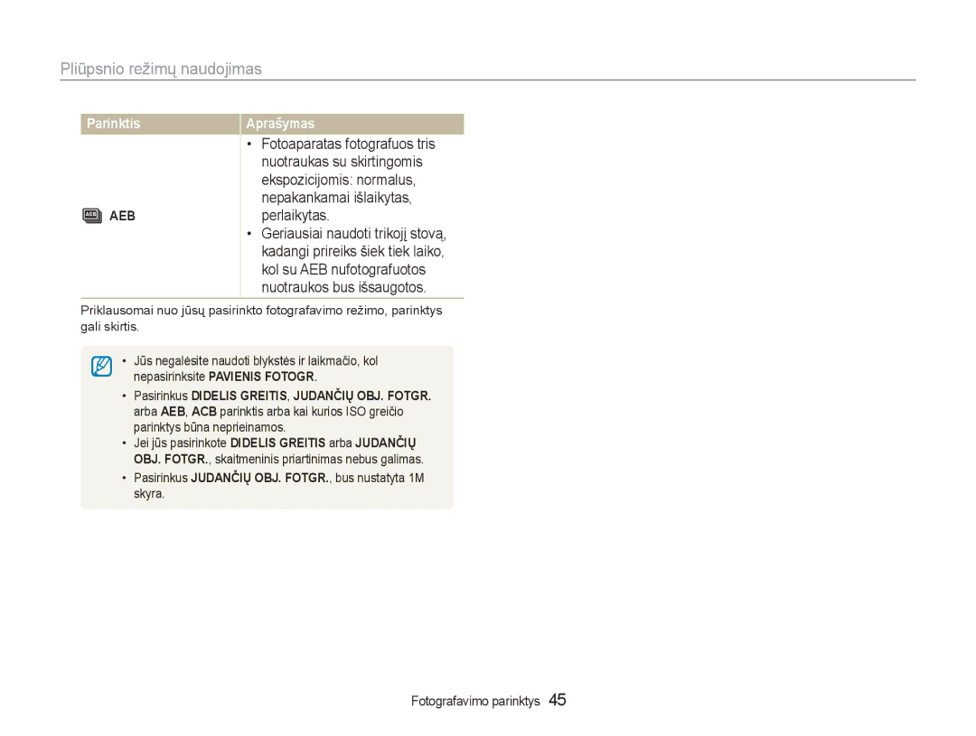 Samsung EC-NV100RBA/RU manual Pliūpsnio režimų naudojimas, Aeb 