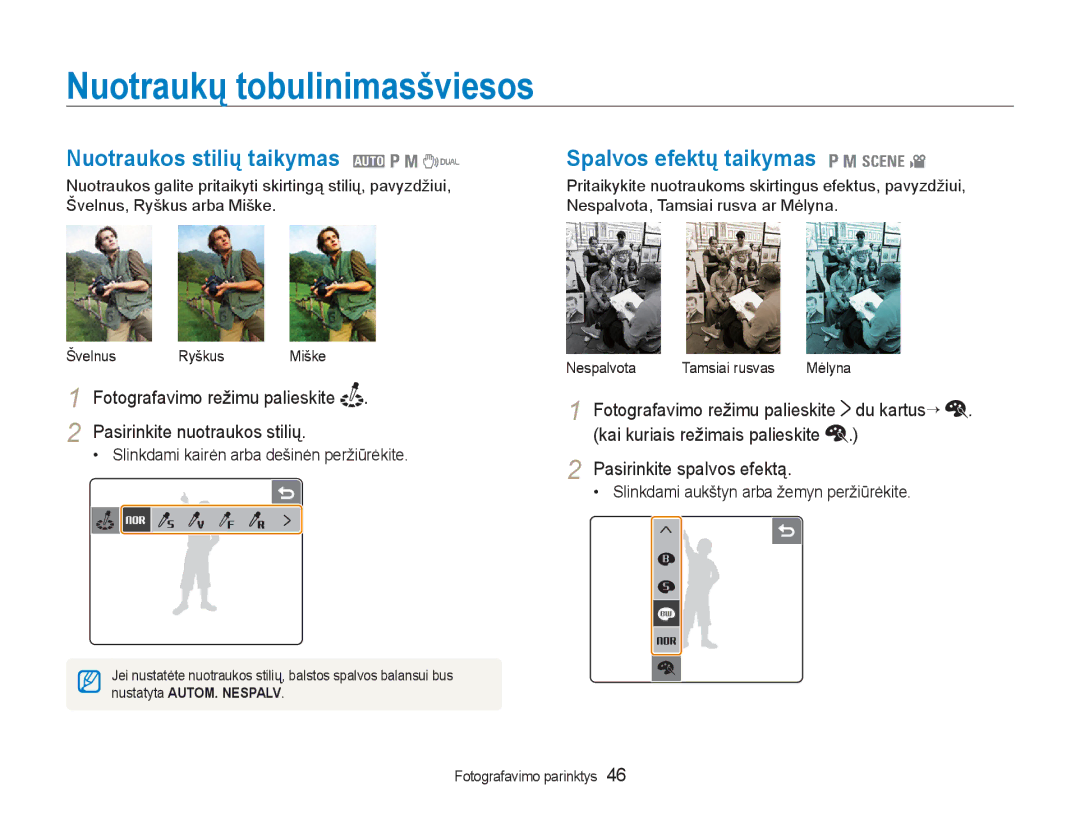 Samsung EC-NV100RBA/RU manual Nuotraukų tobulinimasšviesos, Nuotraukos stilių taikymas 2 1 8, Spalvos efektų taikymas 1 8 4 