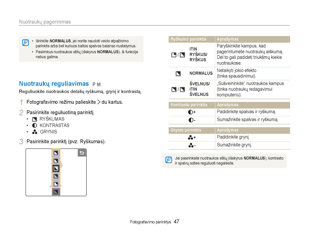 Samsung EC-NV100RBA/RU manual Nuotraukų reguliavimas 1, Nuotraukų pagerinimas, Pasirinkite parinktį pvz. Ryškumas 