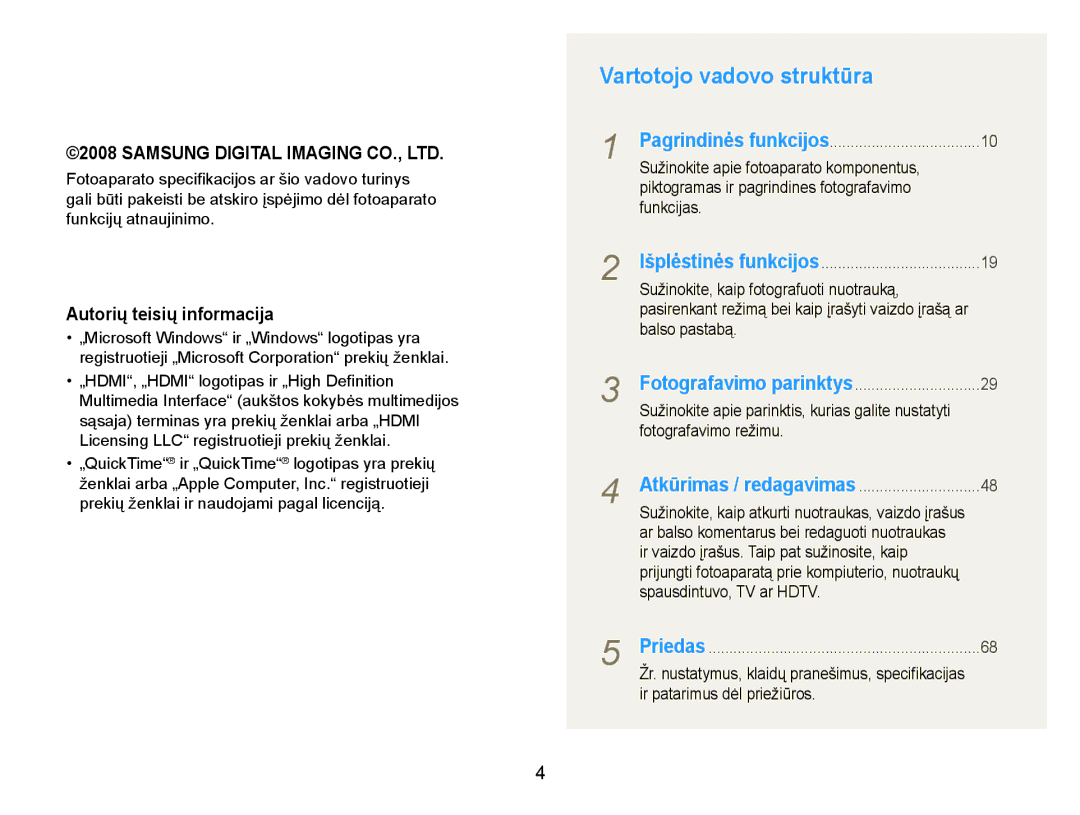 Samsung EC-NV100RBA/RU manual Vartotojo vadovo struktūra 