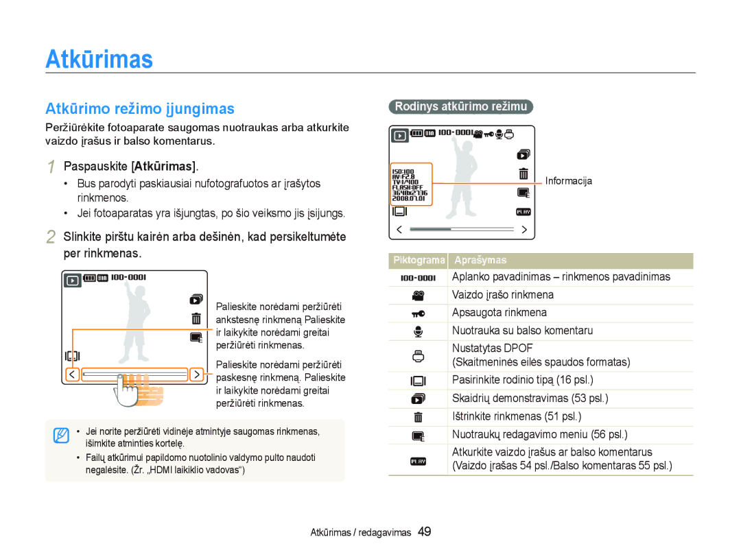 Samsung EC-NV100RBA/RU manual Atkūrimas, Atkūrimo režimo įjungimas, Rodinys atkūrimo režimu 