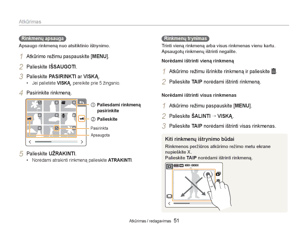 Samsung EC-NV100RBA/RU manual Palieskite Pasirinkti ar Viską, Kiti rinkmenų ištrynimo būdai 