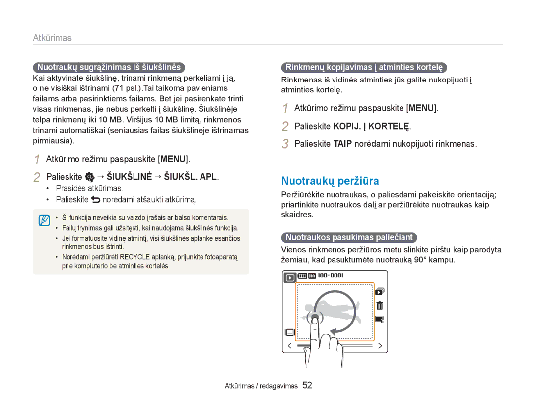 Samsung EC-NV100RBA/RU manual Nuotraukų peržiūra, Palieskite ¡ Šiukšlinė ¡ ŠIUKŠL. APL, Palieskite KOPIJ. Į Kortelę 