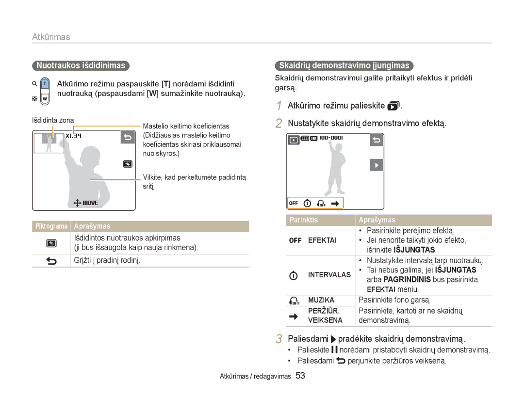 Samsung EC-NV100RBA/RU Atkūrimo režimu palieskite, Paliesdami pradėkite skaidrių demonstravimą, Nuotraukos išdidinimas 