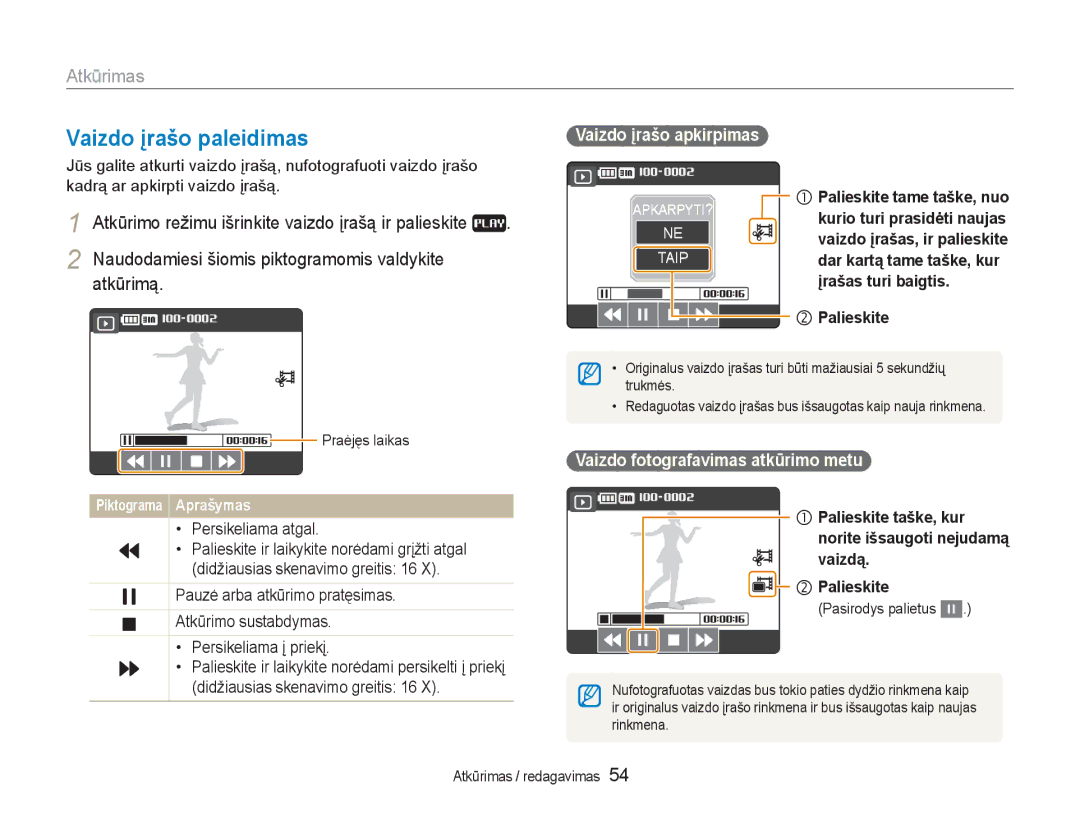 Samsung EC-NV100RBA/RU manual Vaizdo įrašo paleidimas, Vaizdo įrašo apkirpimas, Vaizdo fotografavimas atkūrimo metu, Vaizdą 