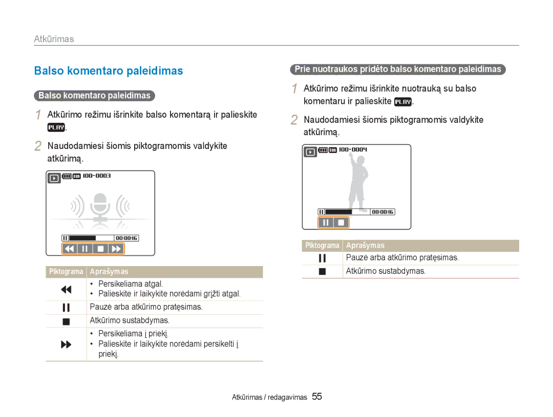 Samsung EC-NV100RBA/RU manual Balso komentaro paleidimas, Atkūrimo režimu išrinkite nuotrauką su balso, Atkūrimą 