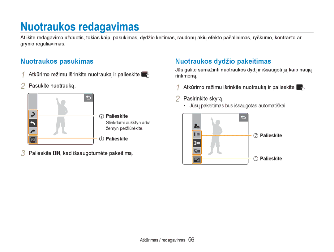 Samsung EC-NV100RBA/RU manual Nuotraukos redagavimas, Nuotraukos pasukimas, Nuotraukos dydžio pakeitimas 