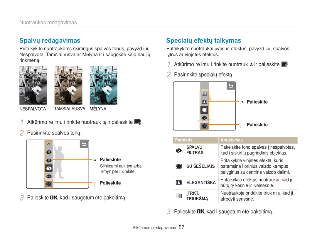 Samsung EC-NV100RBA/RU manual Spalvų redagavimas, Specialų efektų taikymas, Nuotraukos redagavimas 