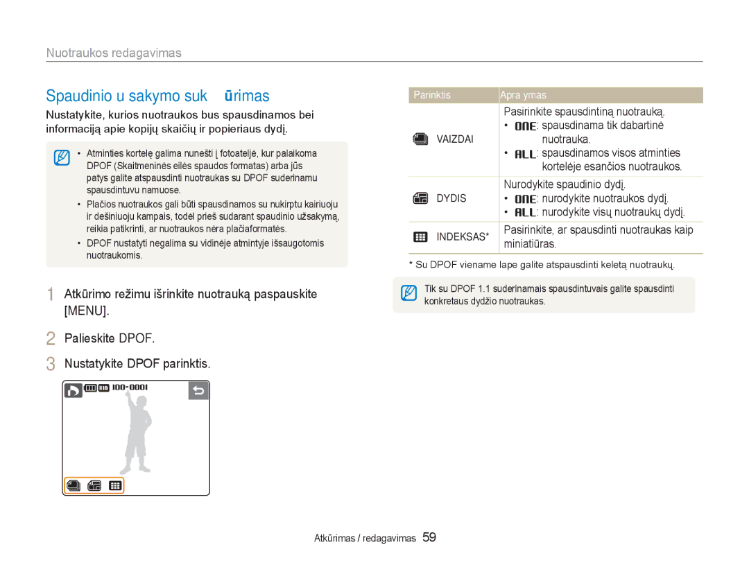 Samsung EC-NV100RBA/RU manual Spaudinio užsakymo sukūrimas, Vaizdai, Dydis, Indeksas 