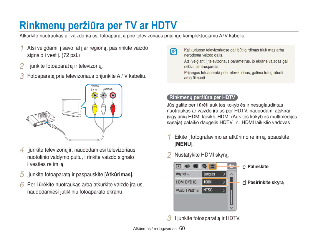 Samsung EC-NV100RBA/RU manual Rinkmenų peržiūra per TV ar Hdtv, Išjunkite fotoaparatą ir Hdtv, Rinkmenų peržiūra per Hdtv 