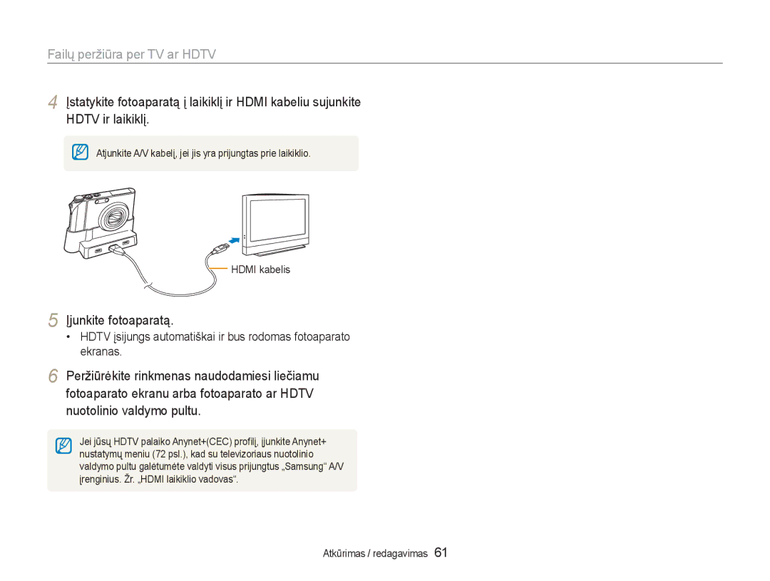 Samsung EC-NV100RBA/RU manual Failų peržiūra per TV ar Hdtv, Įjunkite fotoaparatą, Hdmi kabelis 