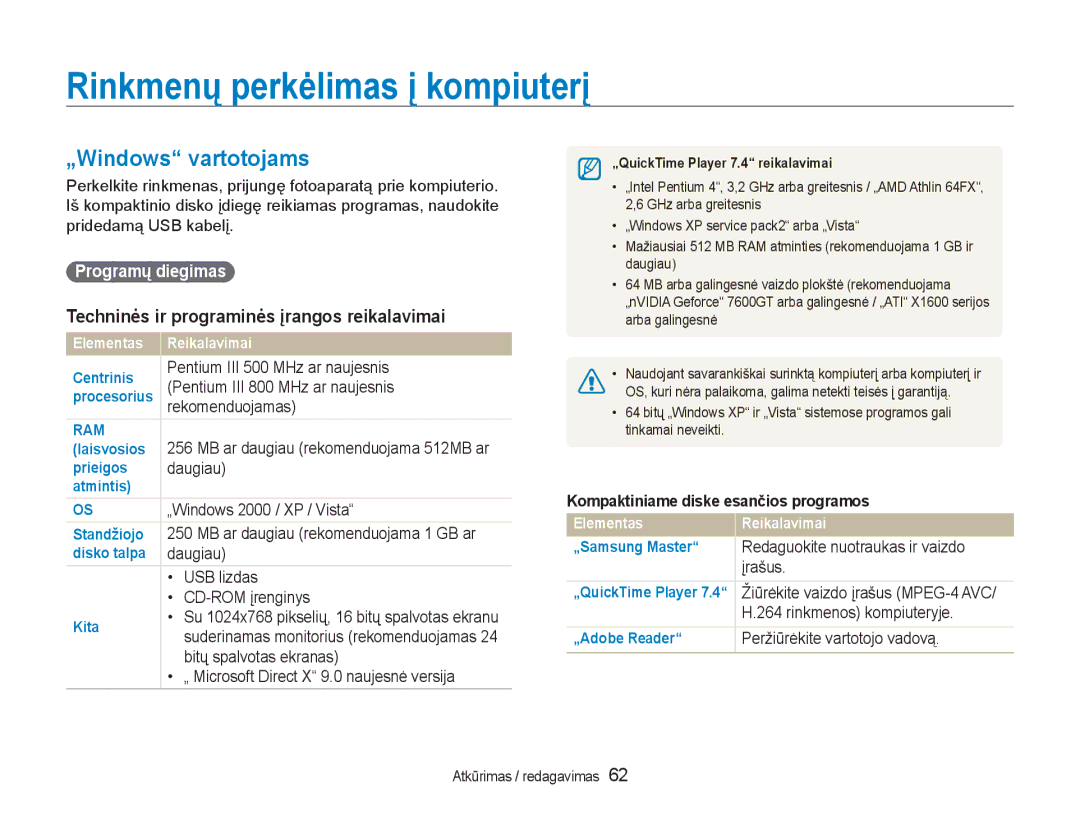 Samsung EC-NV100RBA/RU manual Rinkmenų perkėlimas į kompiuterį, „Windows vartotojams, Programų diegimas 