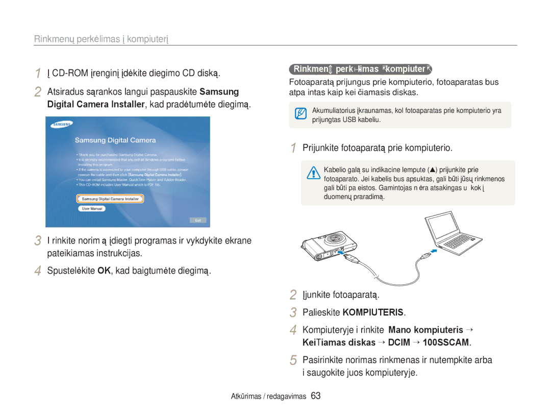 Samsung EC-NV100RBA/RU manual Rinkmenų perkėlimas į kompiuterį, CD-ROM įrenginį įdėkite diegimo CD diską 