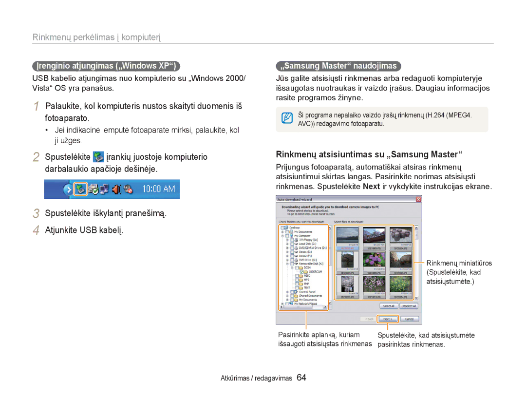 Samsung EC-NV100RBA/RU Rinkmenų atsisiuntimas su „Samsung Master, Spustelėkite iškylantį pranešimą Atjunkite USB kabelį 