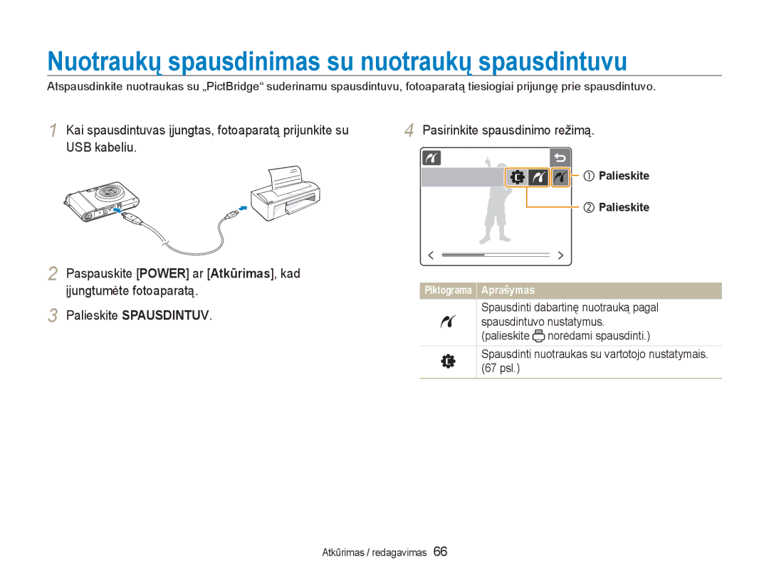 Samsung EC-NV100RBA/RU manual Nuotraukų spausdinimas su nuotraukų spausdintuvu, Palieskite 