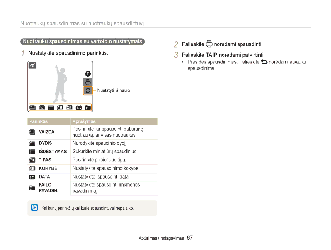 Samsung EC-NV100RBA/RU manual Nuotraukų spausdinimas su nuotraukų spausdintuvu, Nustatykite spausdinimo parinktis 