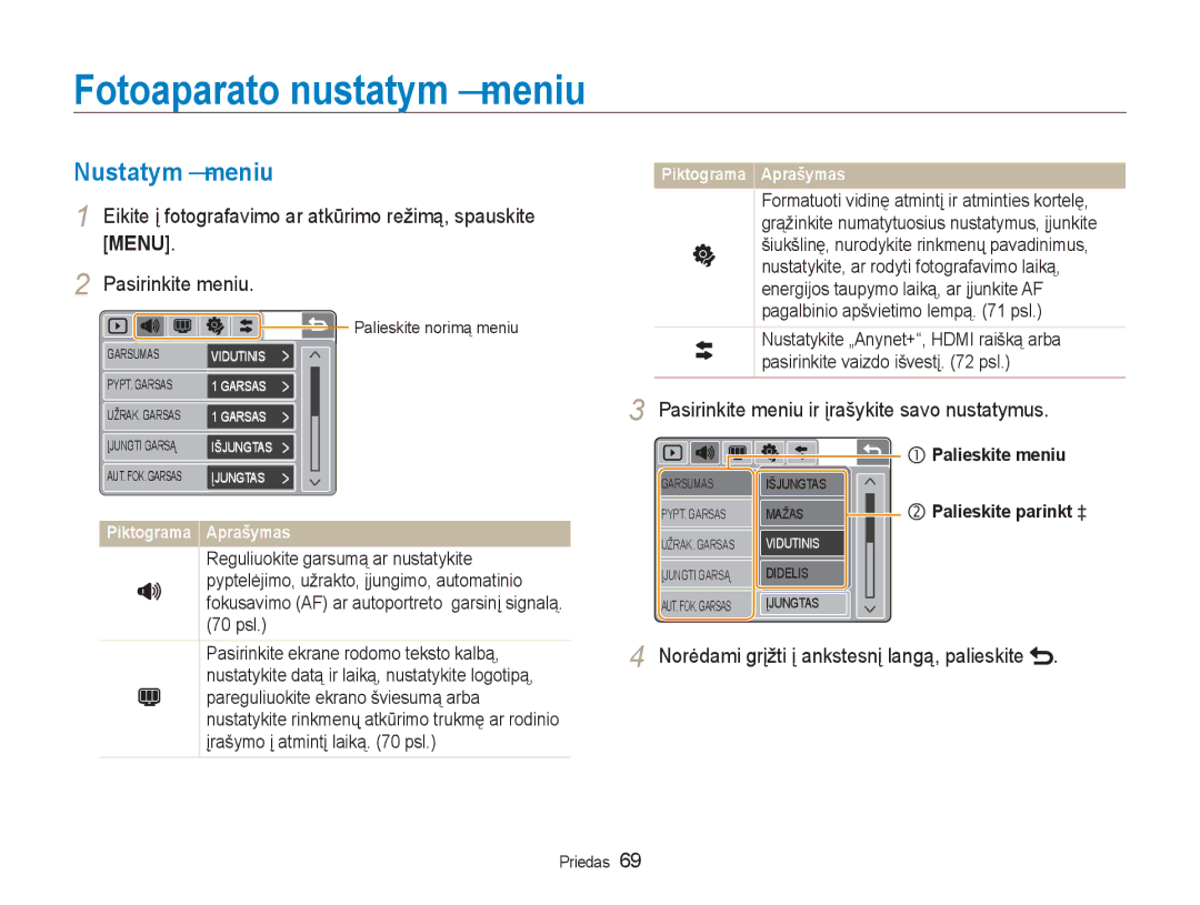 Samsung EC-NV100RBA/RU manual Fotoaparato nustatymų meniu, Nustatymų meniu, Pasirinkite meniu ir įrašykite savo nustatymus 