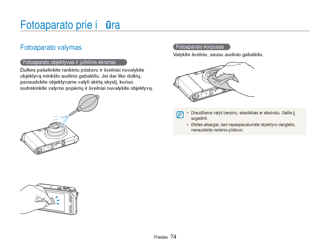 Samsung EC-NV100RBA/RU manual Fotoaparato priežiūra, Fotoaparato valymas, Fotoaparato objektyvas ir jutiklinis ekranas 