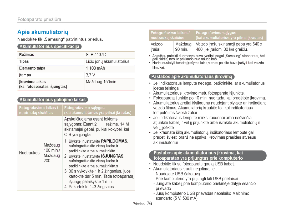 Samsung EC-NV100RBA/RU manual Apie akumuliatorių 