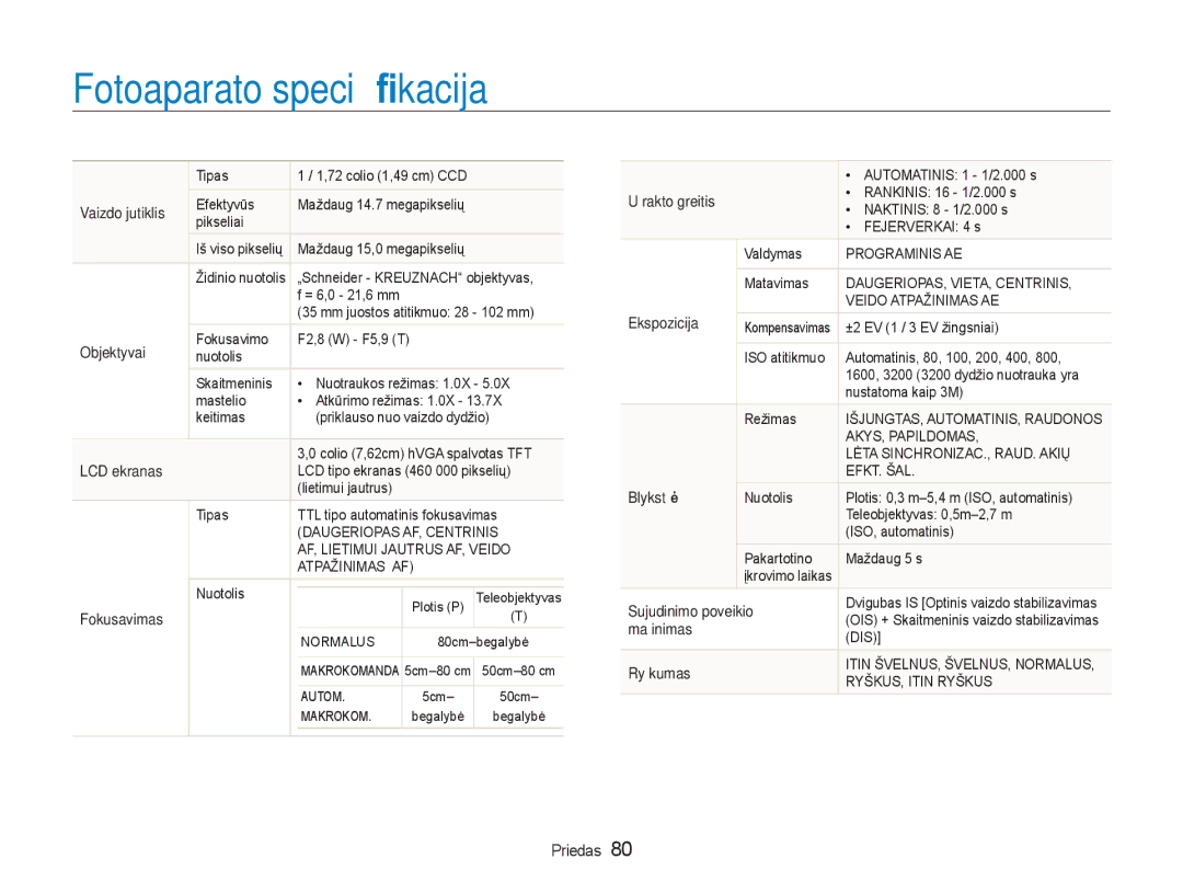 Samsung EC-NV100RBA/RU manual Fotoaparato specikacija, Vaizdo jutiklis 