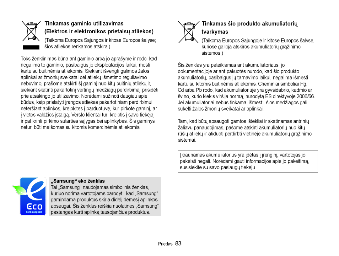 Samsung EC-NV100RBA/RU manual Tinkamas šio produkto akumuliatorių tvarkymas 