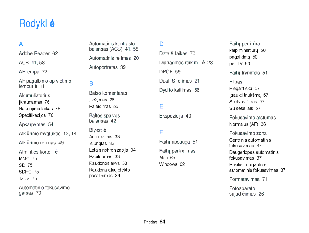 Samsung EC-NV100RBA/RU manual Rodyklė 