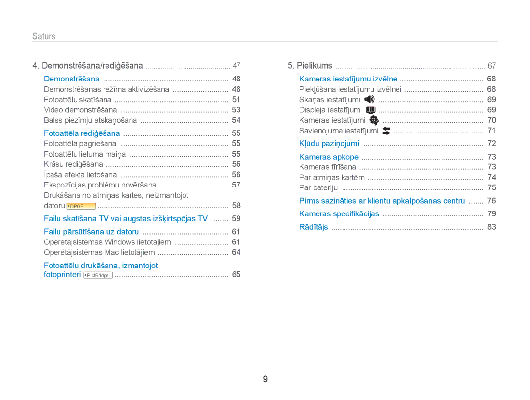 Samsung EC-NV100RBA/RU manual Saturs, Drukāšana no atmiņas kartes, neizmantojot 