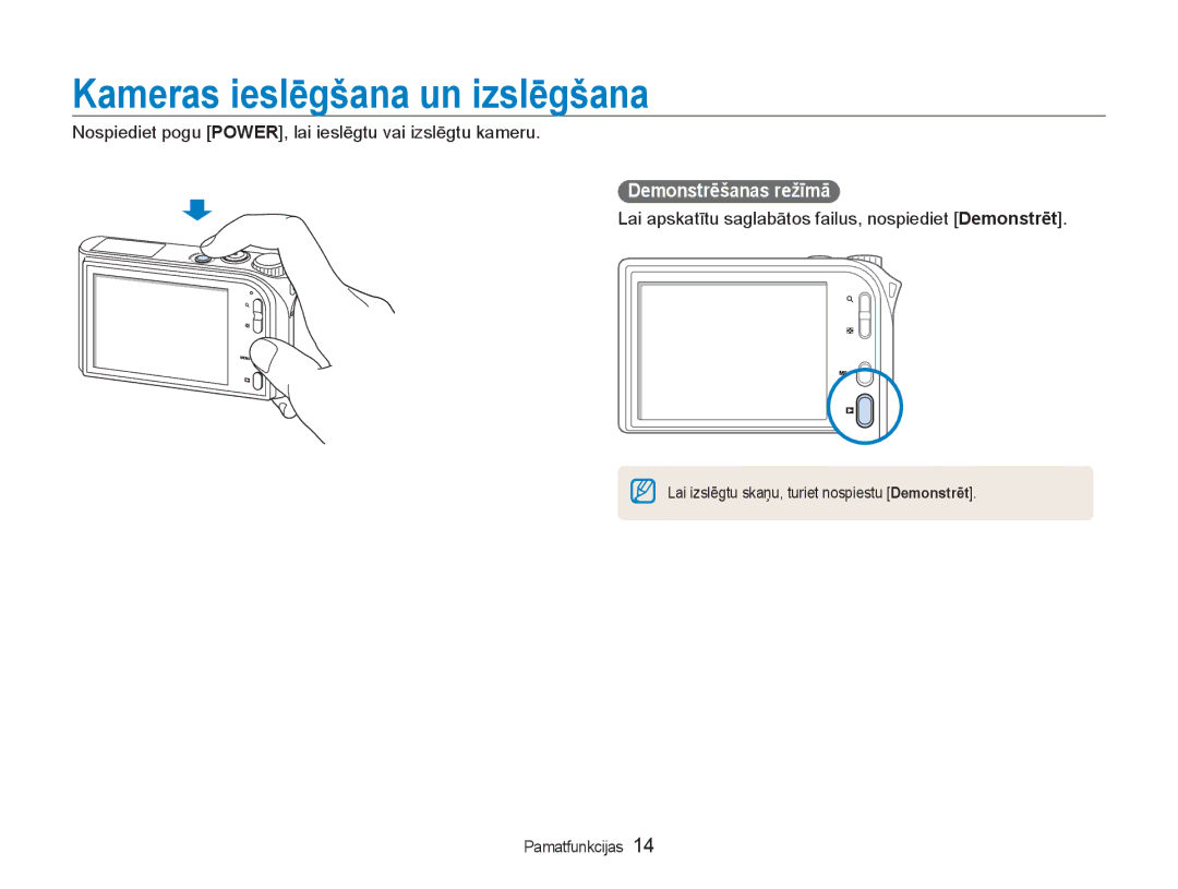 Samsung EC-NV100RBA/RU manual Kameras ieslēgšana un izslēgšana, Demonstrēšanas režīmā 