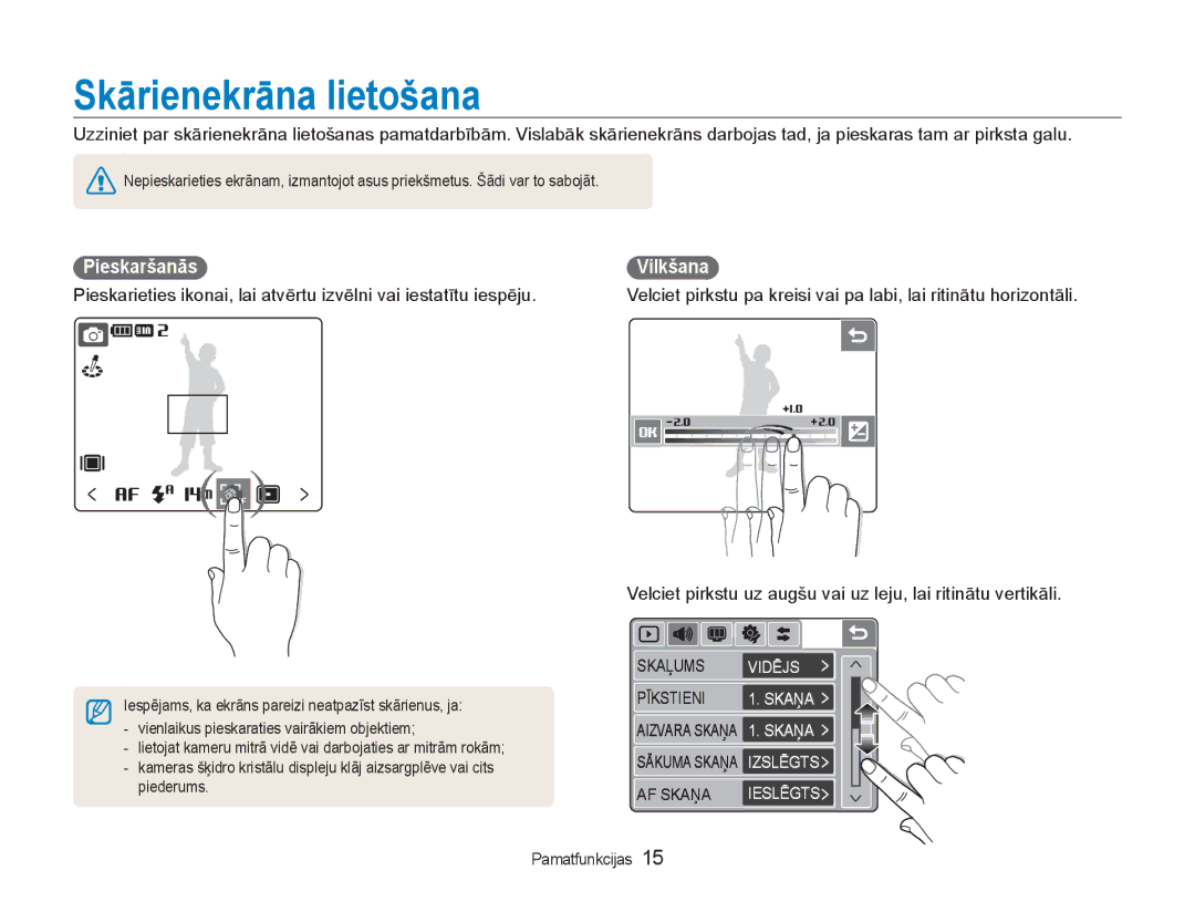 Samsung EC-NV100RBA/RU manual Skārienekrāna lietošana, Pieskaršanās, Vilkšana 