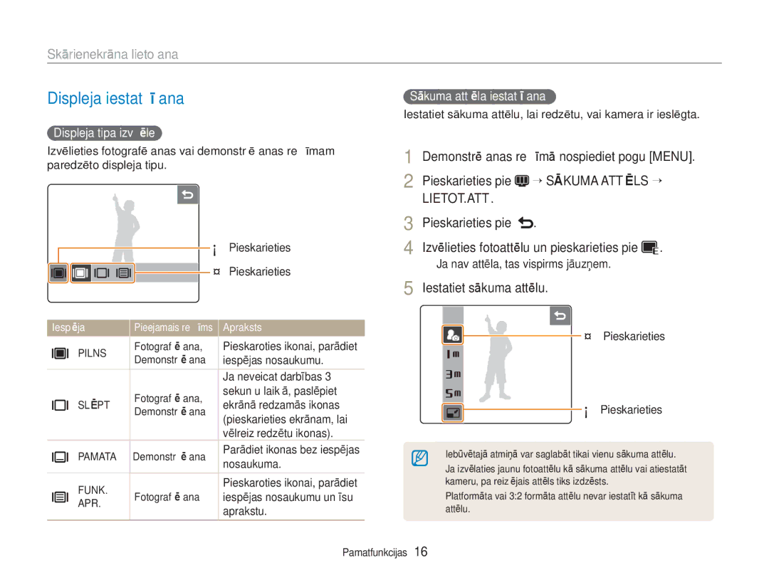 Samsung EC-NV100RBA/RU manual Displeja iestatīšana, Skārienekrāna lietošana 