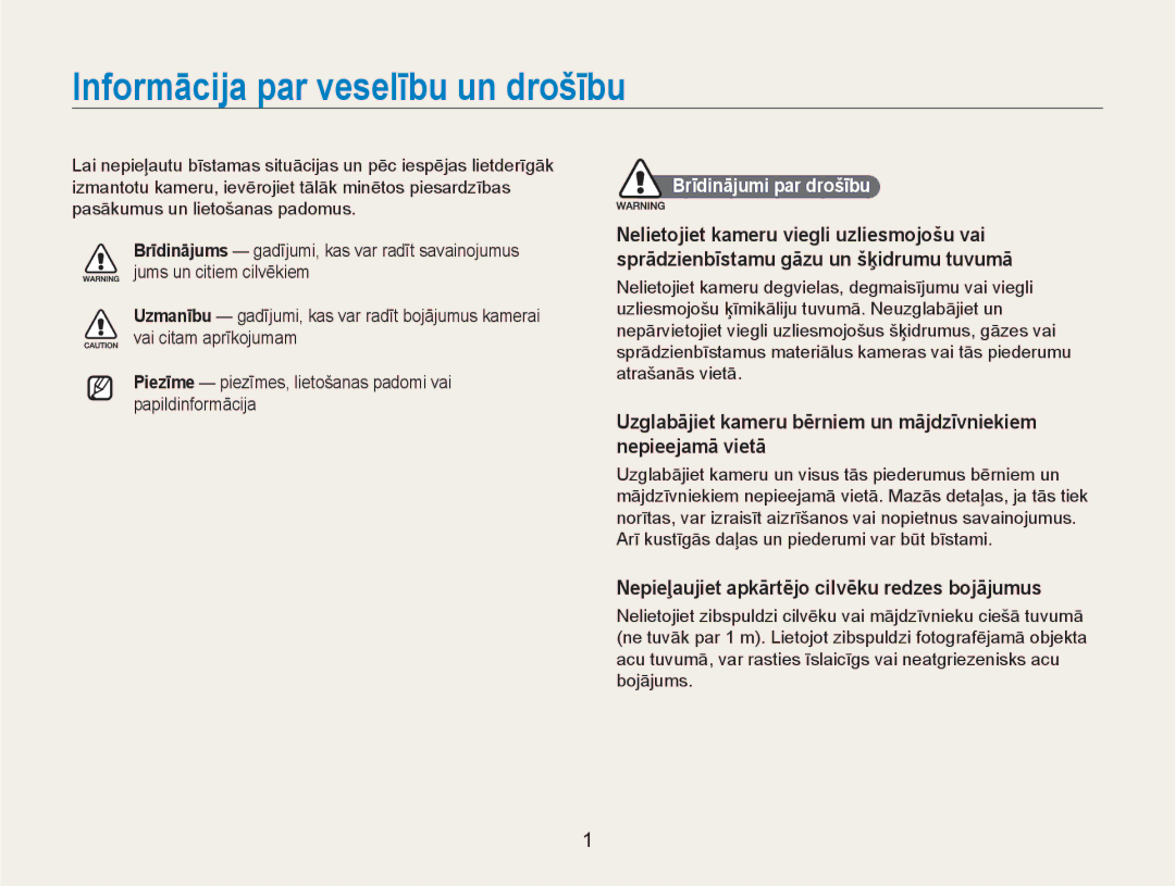 Samsung EC-NV100RBA/RU manual Nepieļaujiet apkārtējo cilvēku redzes bojājumus, Brīdinājumi par drošību 