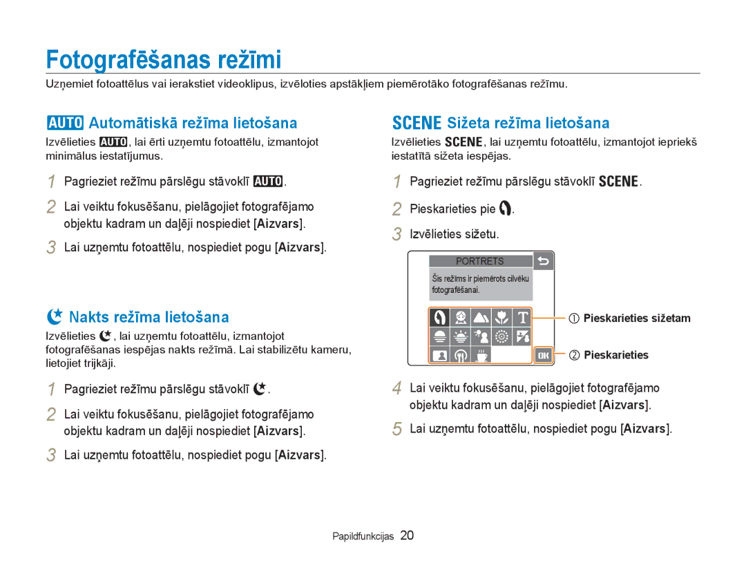 Samsung EC-NV100RBA/RU Fotografēšanas režīmi, Automātiskā režīma lietošana Sižeta režīma lietošana, Nakts režīma lietošana 