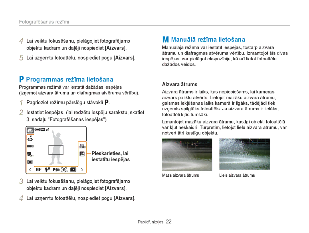 Samsung EC-NV100RBA/RU manual Programmas režīma lietošana, Manuālā režīma lietošana, Aizvara ātrums 