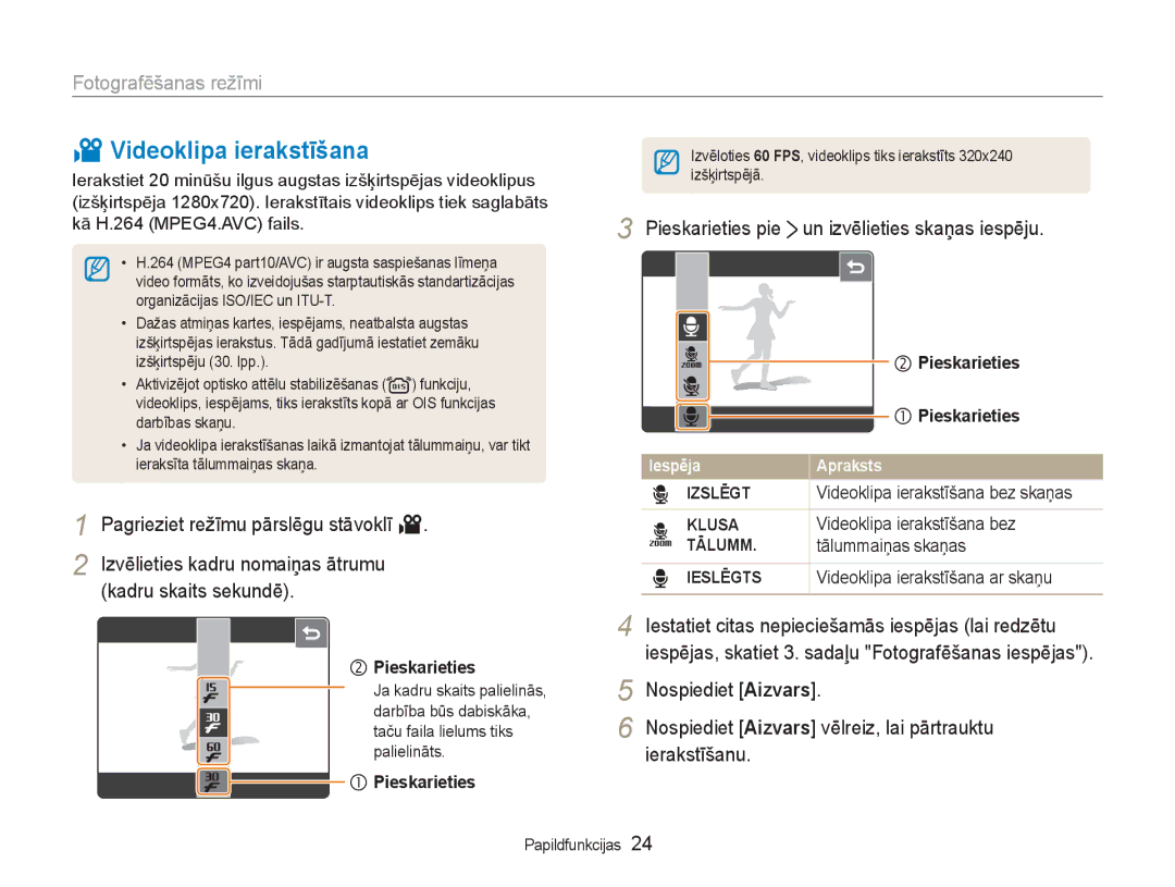 Samsung EC-NV100RBA/RU manual Videoklipa ierakstīšana, Pieskarieties pie un izvēlieties skaņas iespēju 