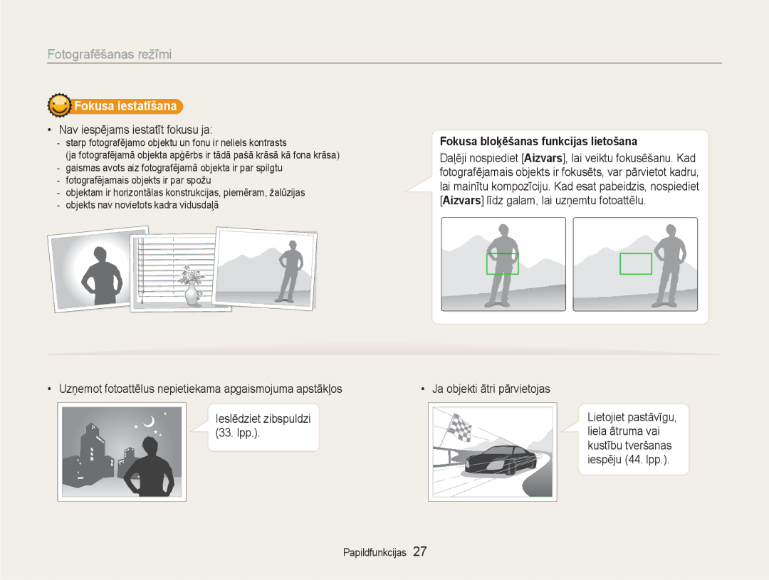 Samsung EC-NV100RBA/RU manual Fokusa iestatīšana, Nav iespējams iestatīt fokusu ja, Fokusa bloķēšanas funkcijas lietošana 