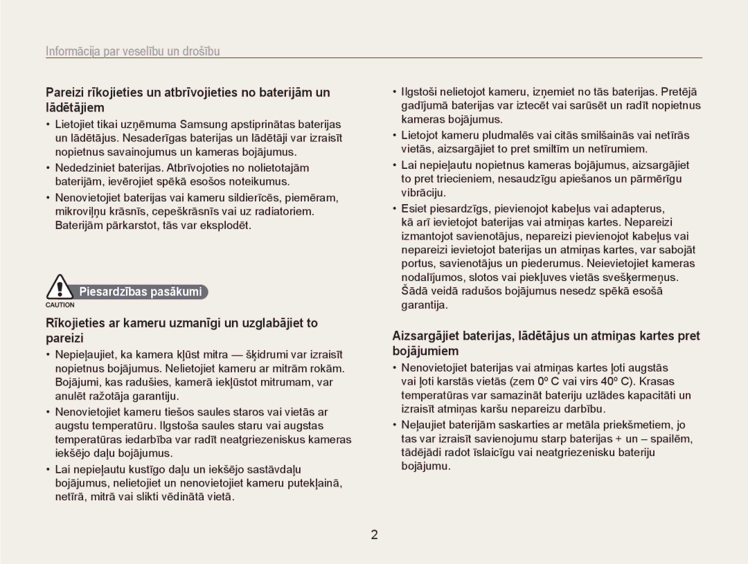 Samsung EC-NV100RBA/RU manual Informācija par veselību un drošību, Rīkojieties ar kameru uzmanīgi un uzglabājiet to pareizi 