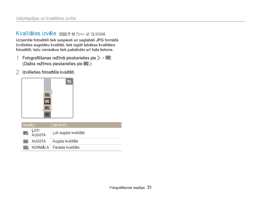 Samsung EC-NV100RBA/RU manual Kvalitātes izvēle 2 1 8 7 6 5, Izšķirtspējas un kvalitātes izvēle, Ļoti, Augsta, Normāla 