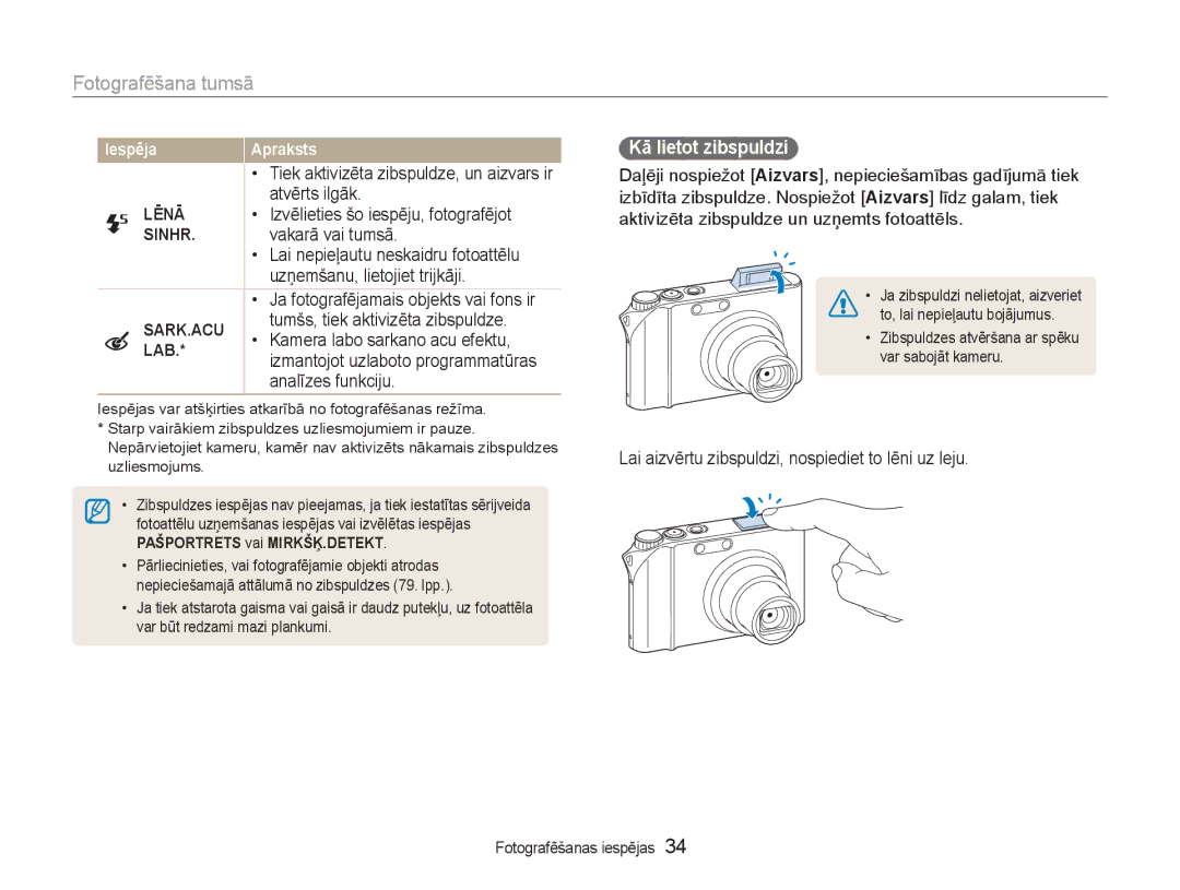 Samsung EC-NV100RBA/RU manual Fotografēšana tumsā, Kā lietot zibspuldzi 