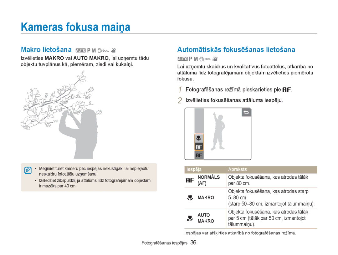 Samsung EC-NV100RBA/RU manual Kameras fokusa maiņa, Makro lietošana 2 1 8 7, Automātiskās fokusēšanas lietošana 