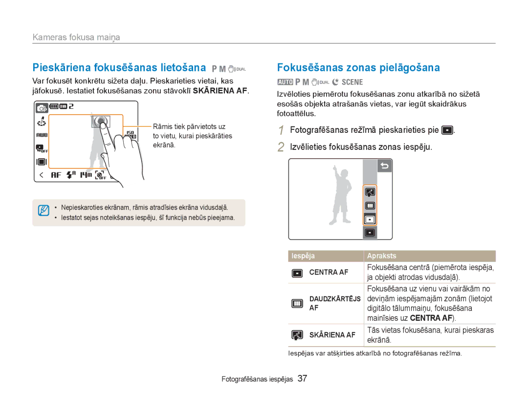 Samsung EC-NV100RBA/RU manual Pieskāriena fokusēšanas lietošana 1 8, Fokusēšanas zonas pielāgošana, Kameras fokusa maiņa 