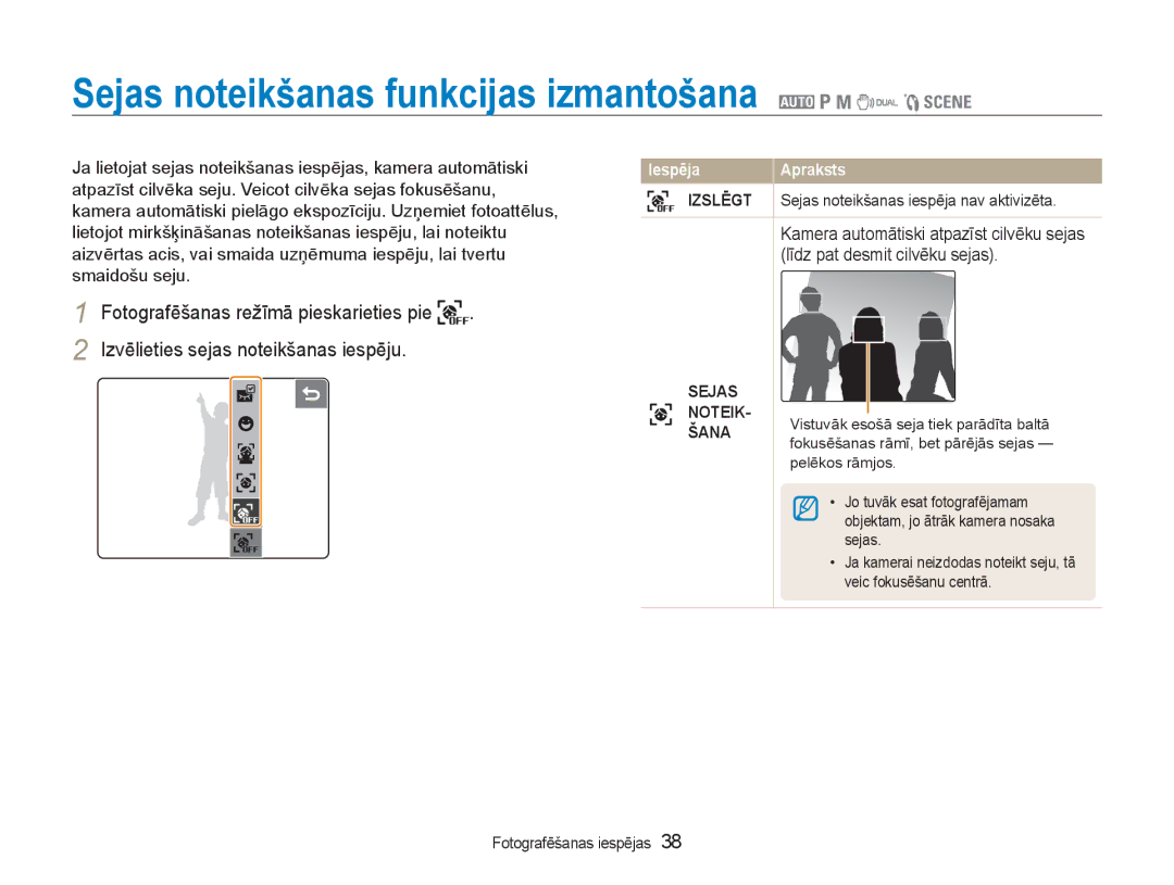 Samsung EC-NV100RBA/RU manual Sejas noteikšanas funkcijas izmantošana 2 1 8 7 5, Sejas Šana 