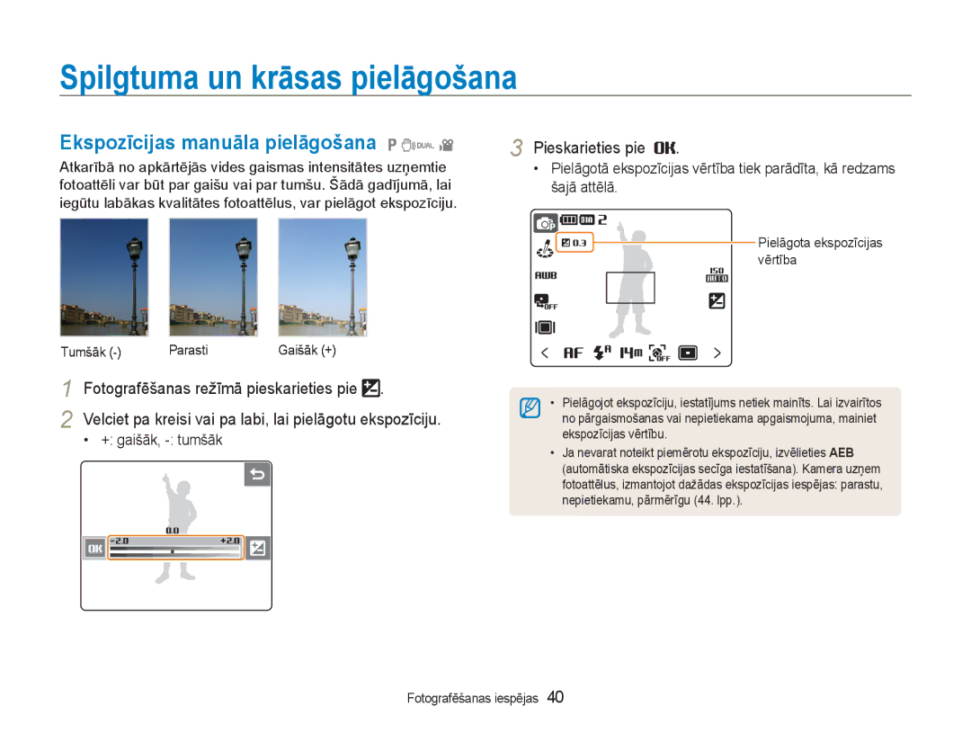 Samsung EC-NV100RBA/RU manual Spilgtuma un krāsas pielāgošana, Ekspozīcijas manuāla pielāgošana 1 7 