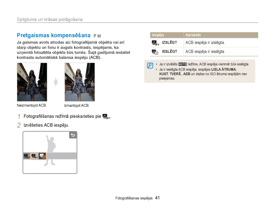 Samsung EC-NV100RBA/RU manual Pretgaismas kompensēšana 1, Spilgtuma un krāsas pielāgošana, ACB iespēja ir izslēgta, Ieslēgt 